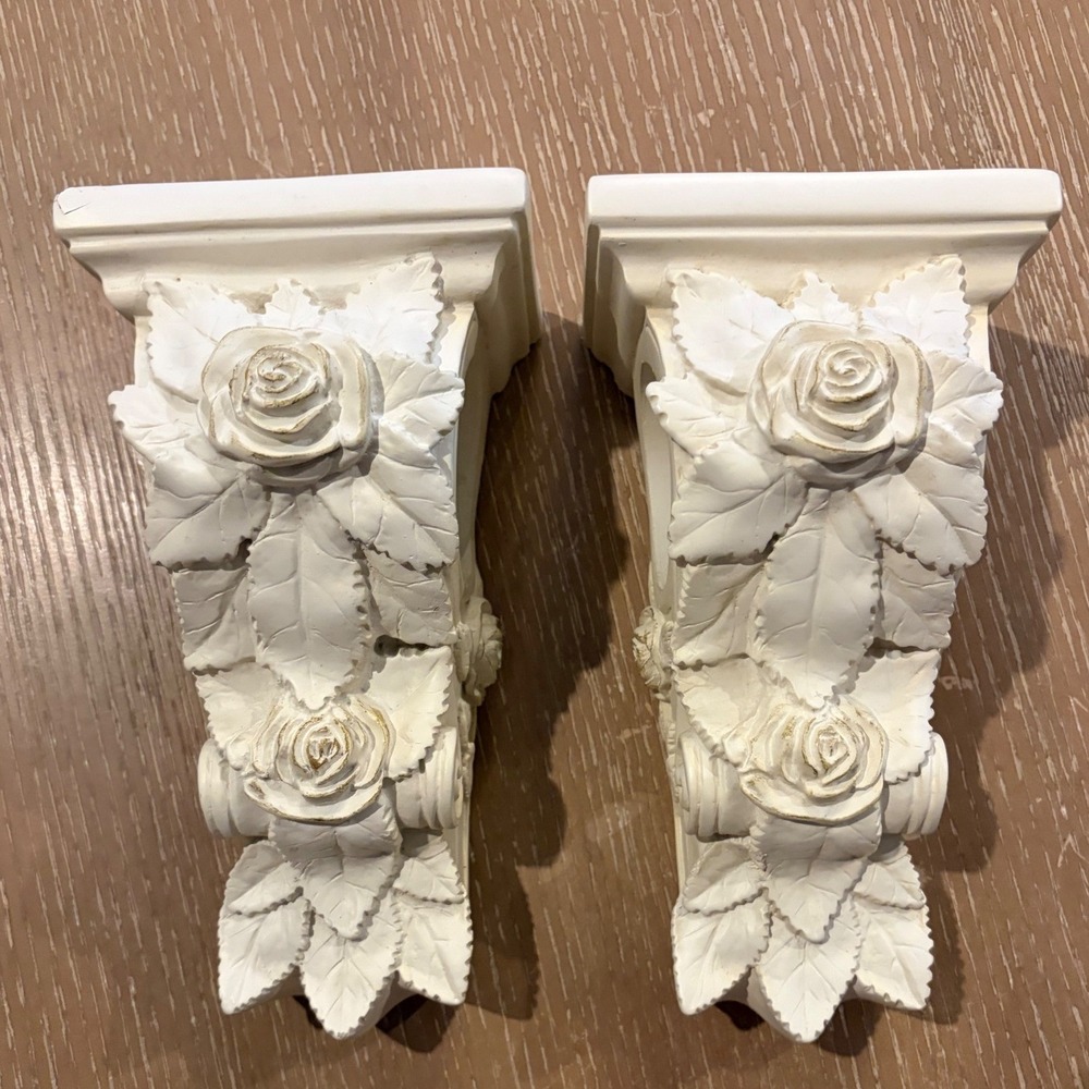 White Rose Floral Corbels Wall Shelf Brackets 8in Shabby Chic Cottage Decor Pair
